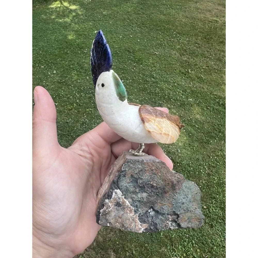 Hand Carved Gemstone Cockatoo Bird Figurine on Amethyst Geode Base 6